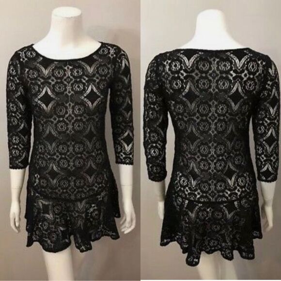 Free People Walking to the Sun Black Lace Mini Dress 0 Ruffle Sheer Tunic Top - Picture 4 of 16